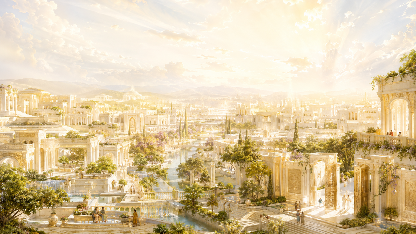 A radiant eternal City of ivory and gold beneath a luminous sky, with gardens, flowing water, open gates, and people walking in the Light.