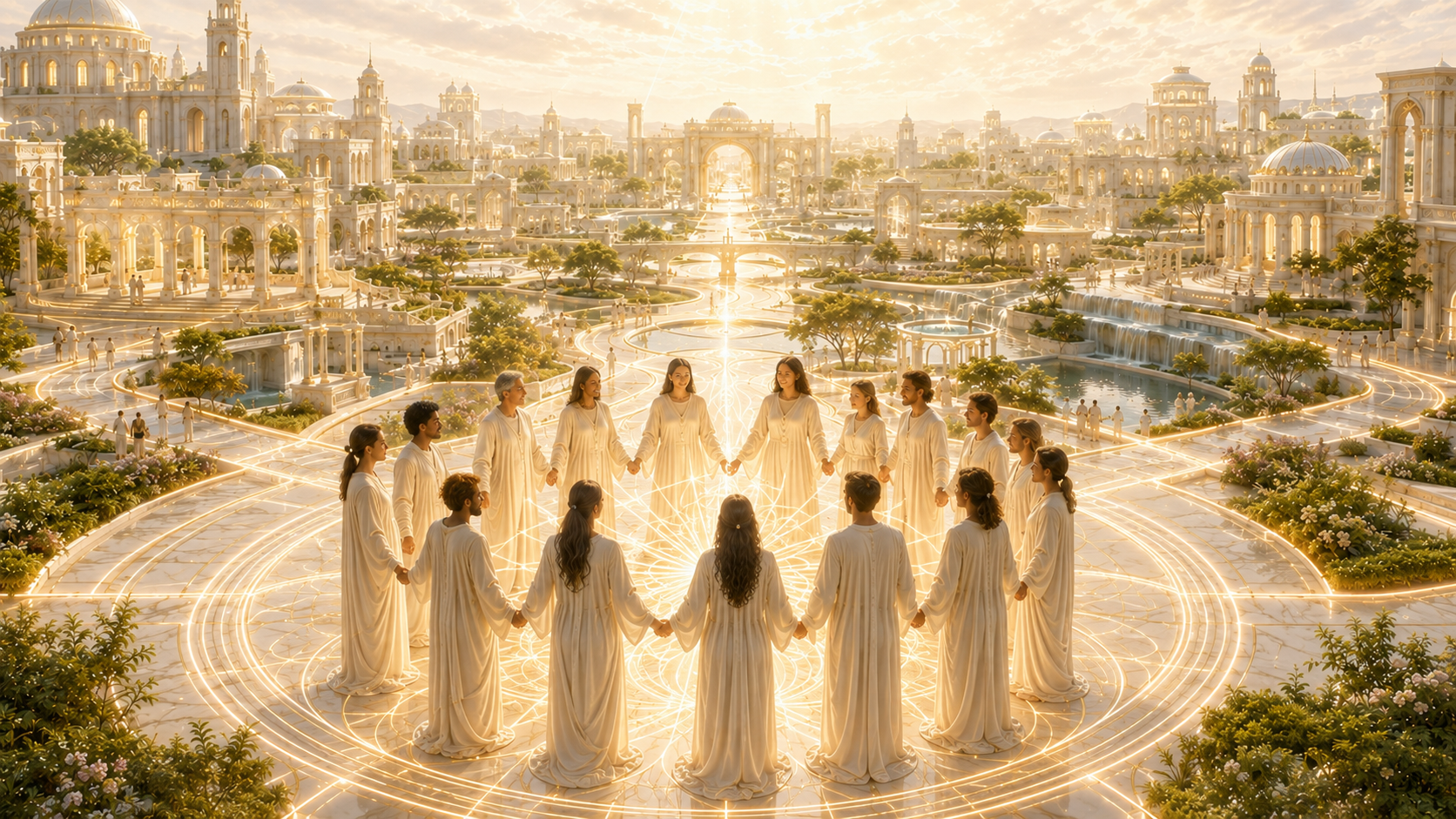 A luminous golden city emerges through a gathered people beneath descending light, symbolizing the Life of Christ embodied in civilization.