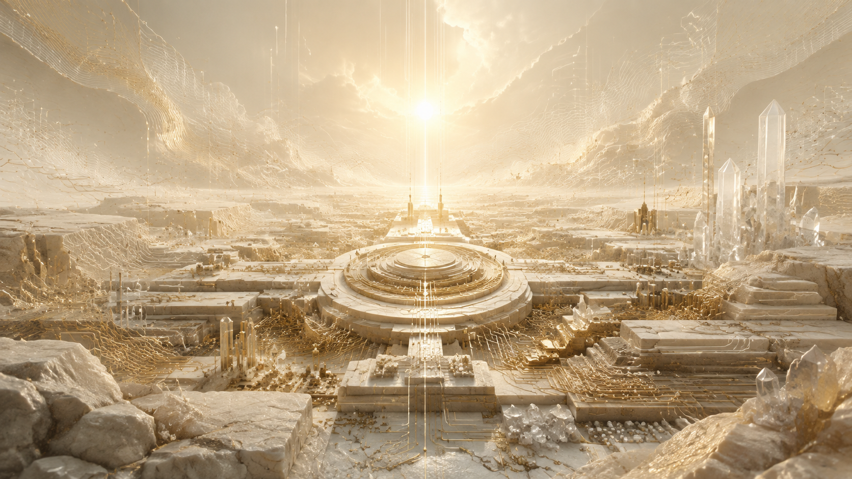 Warm ivory technological architecture and crystalline matter arise from one continuous created foundation beneath a single golden light.