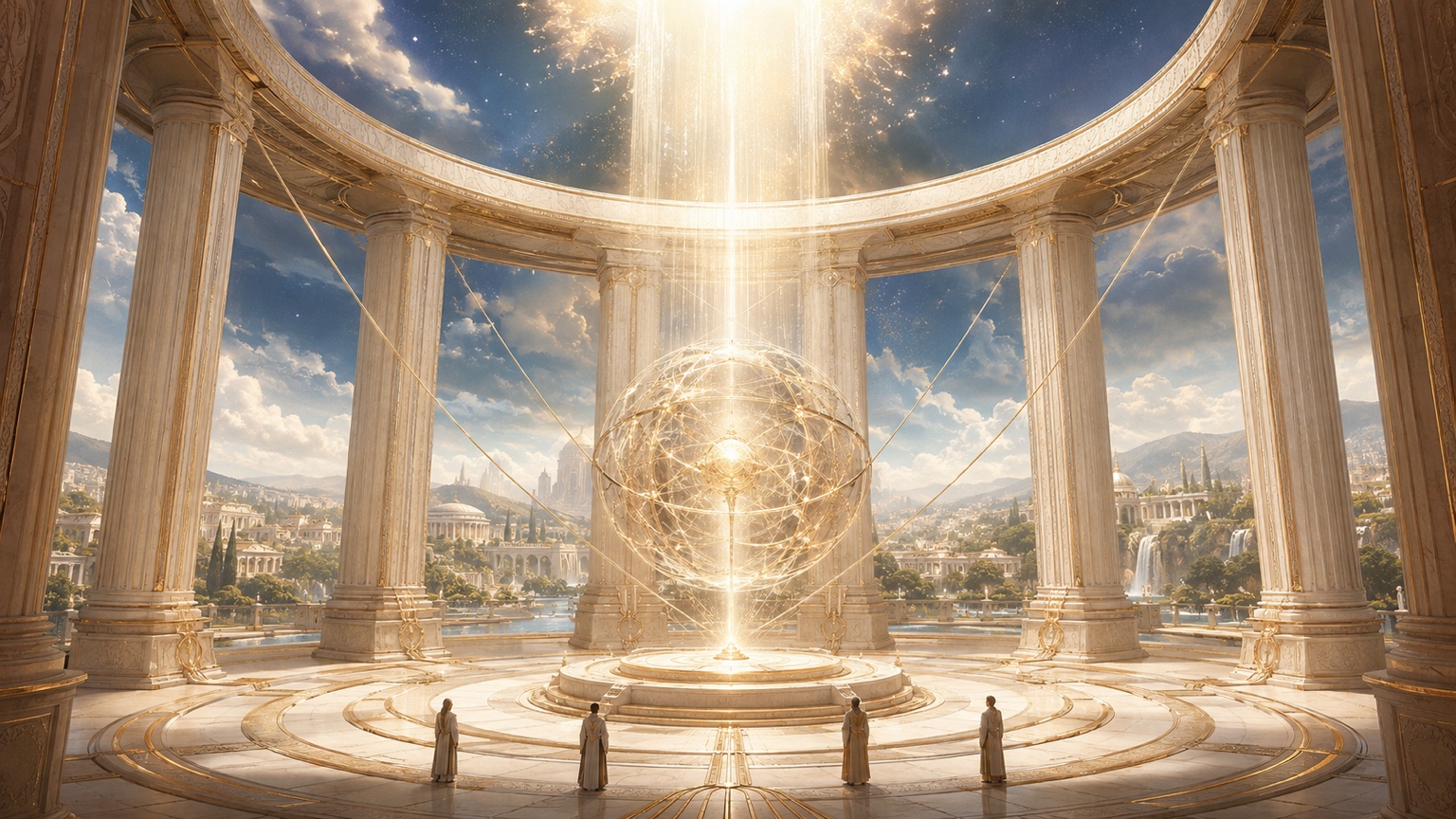 A luminous sphere stands beneath descending light within constitutional architecture, surrounded by human stewards with a flourishing civilization beyond.