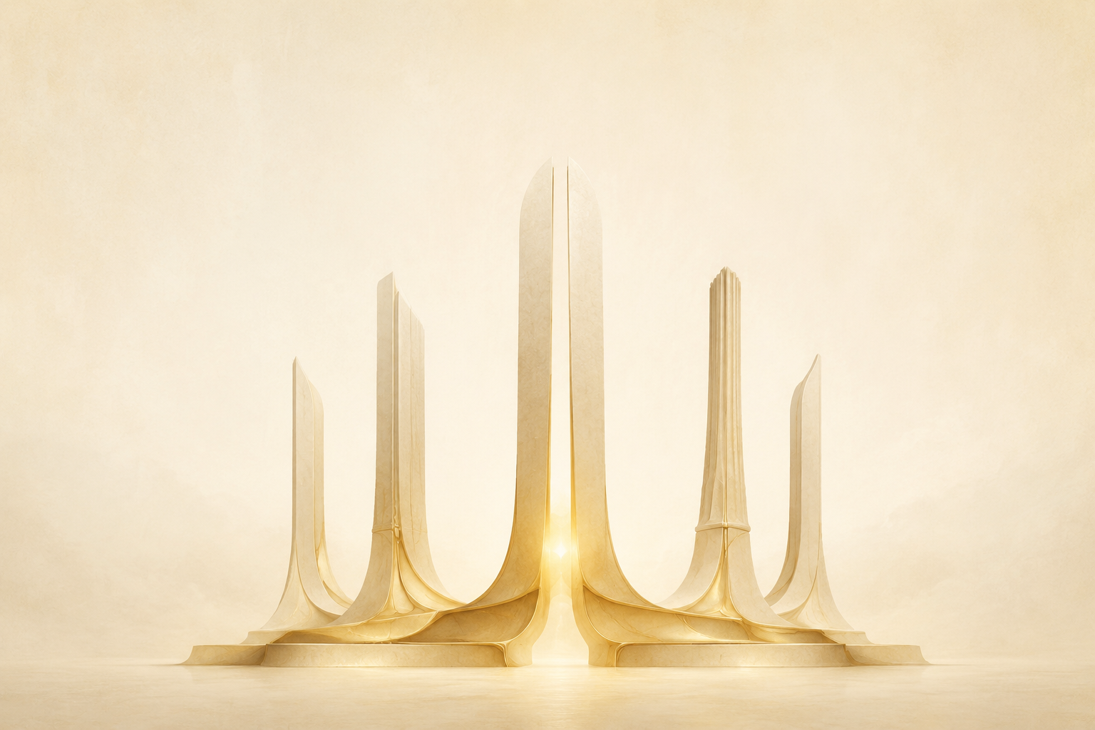 Distinct ivory architectural forms rising from one continuous golden foundation, illuminated by a shared central light.